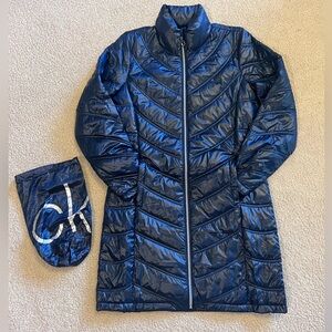 Calvin Klein Packable Premium Down Blend Long Navy Puffer Jacket